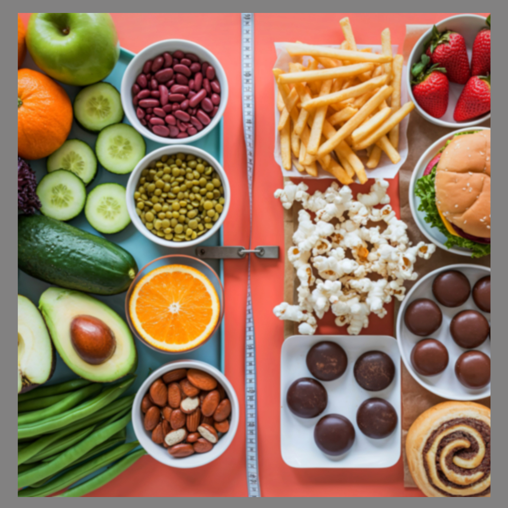 A dinner plate table divided between whole foods like fruits, vegetables, beans, and nuts on one side, and fast food and sweets on the other