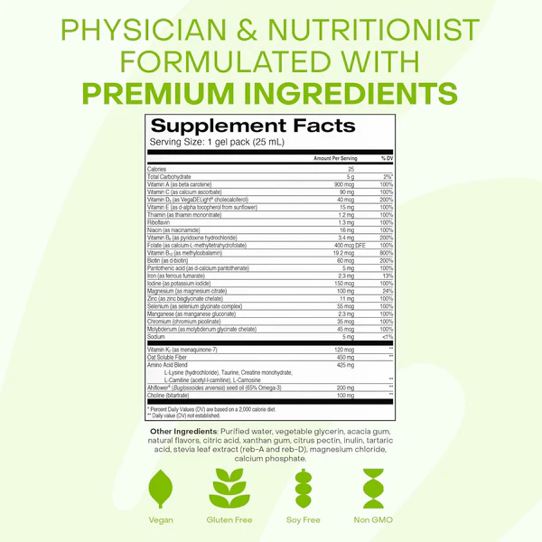 HealthyCell Daily Multi + Iron & Omega-3 supplement facts panel