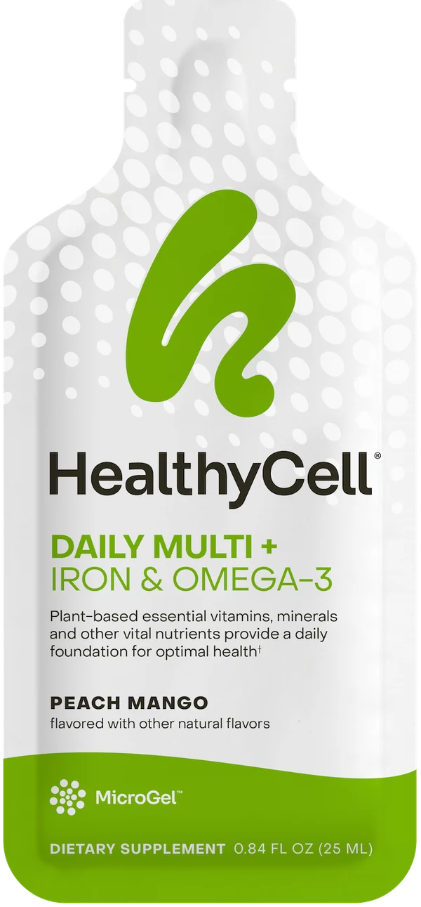 HealthyCell Daily Multi + Iron & Omega-3 single gel packet, Peach Mango