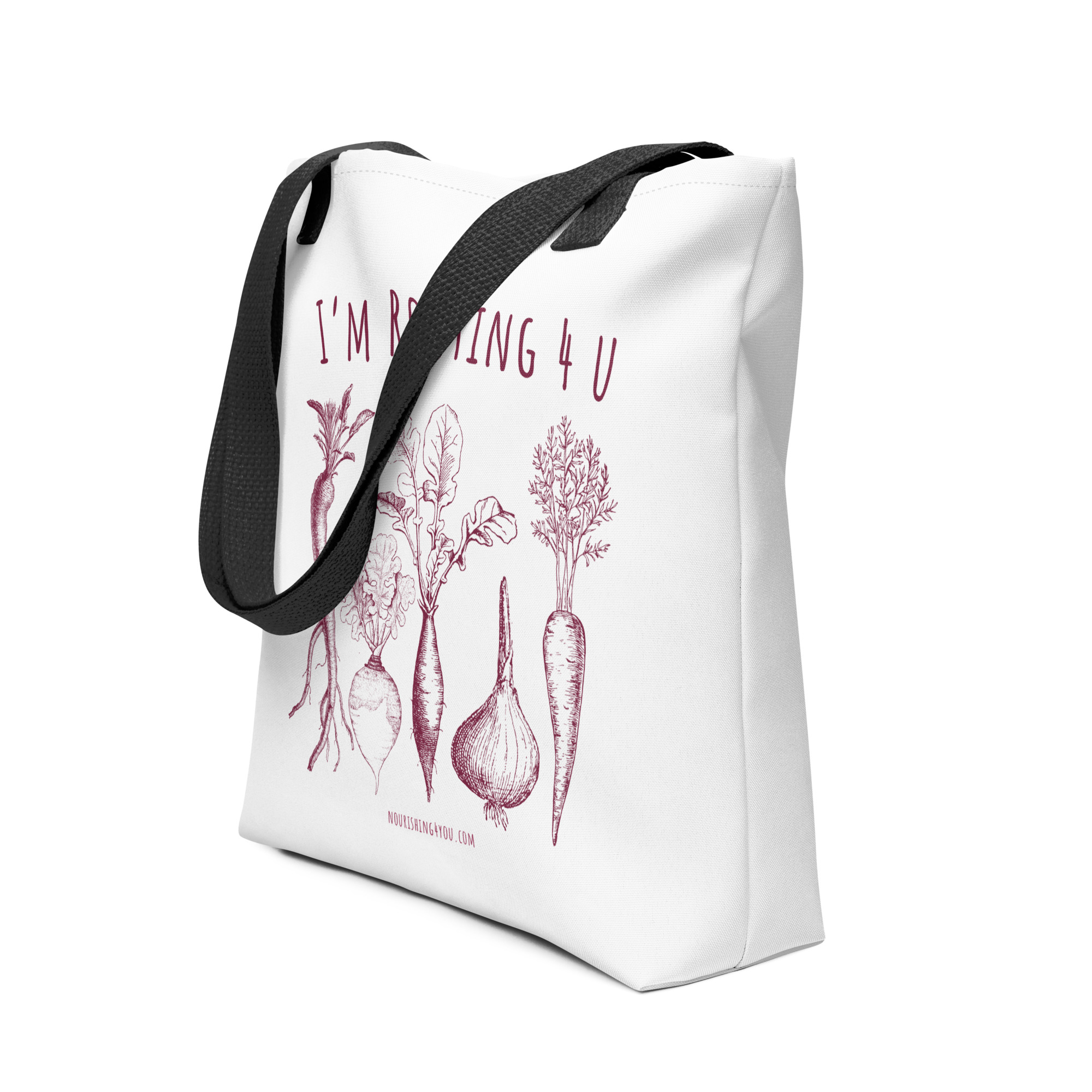 I'm Rooting 4 U tote bag, white canvas print, black handles, front view
