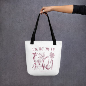 I'm Rooting 4 U tote bag, white canvas print, black handles, lifestyle mockup