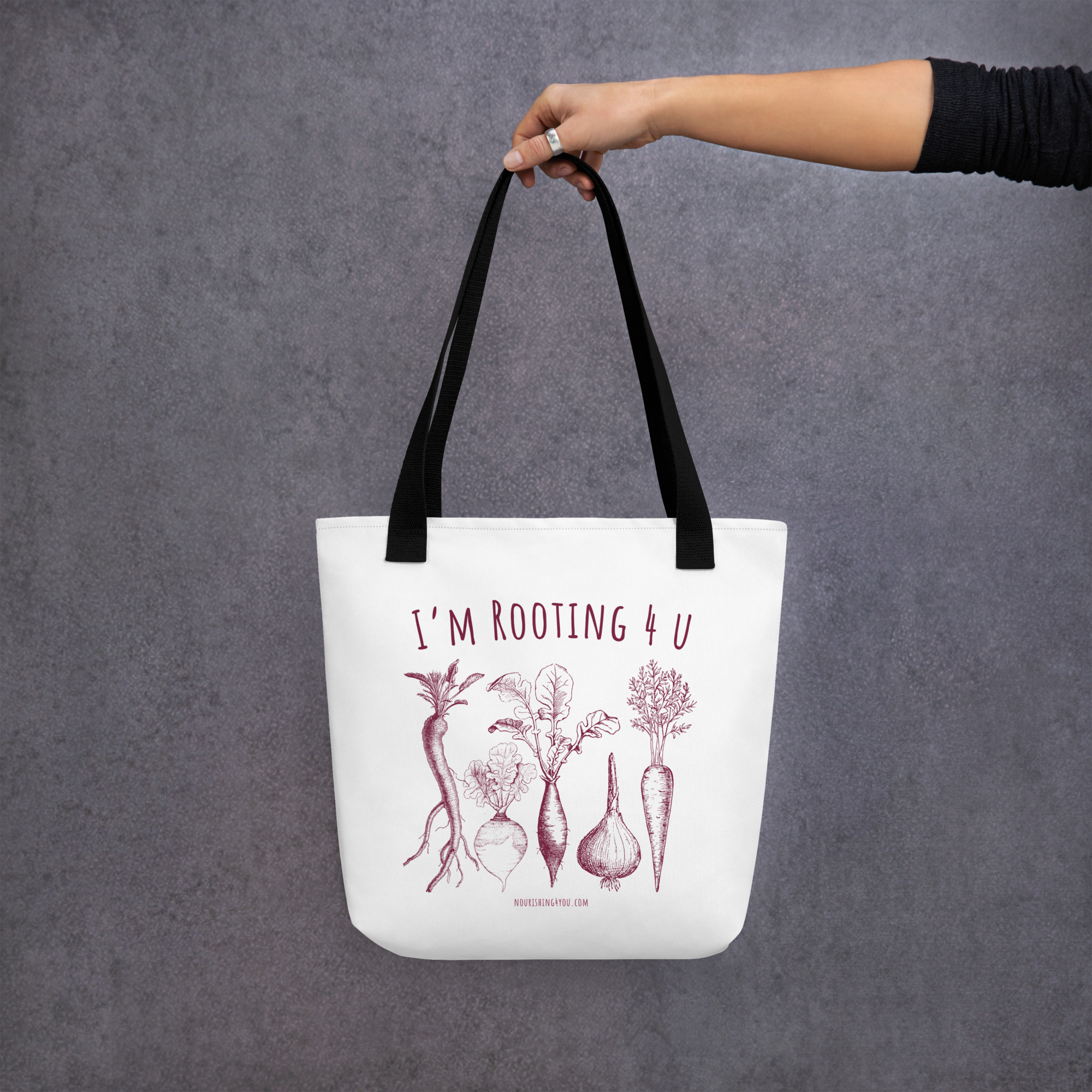 I'm Rooting 4 U tote bag, white canvas print, black handles, lifestyle mockup