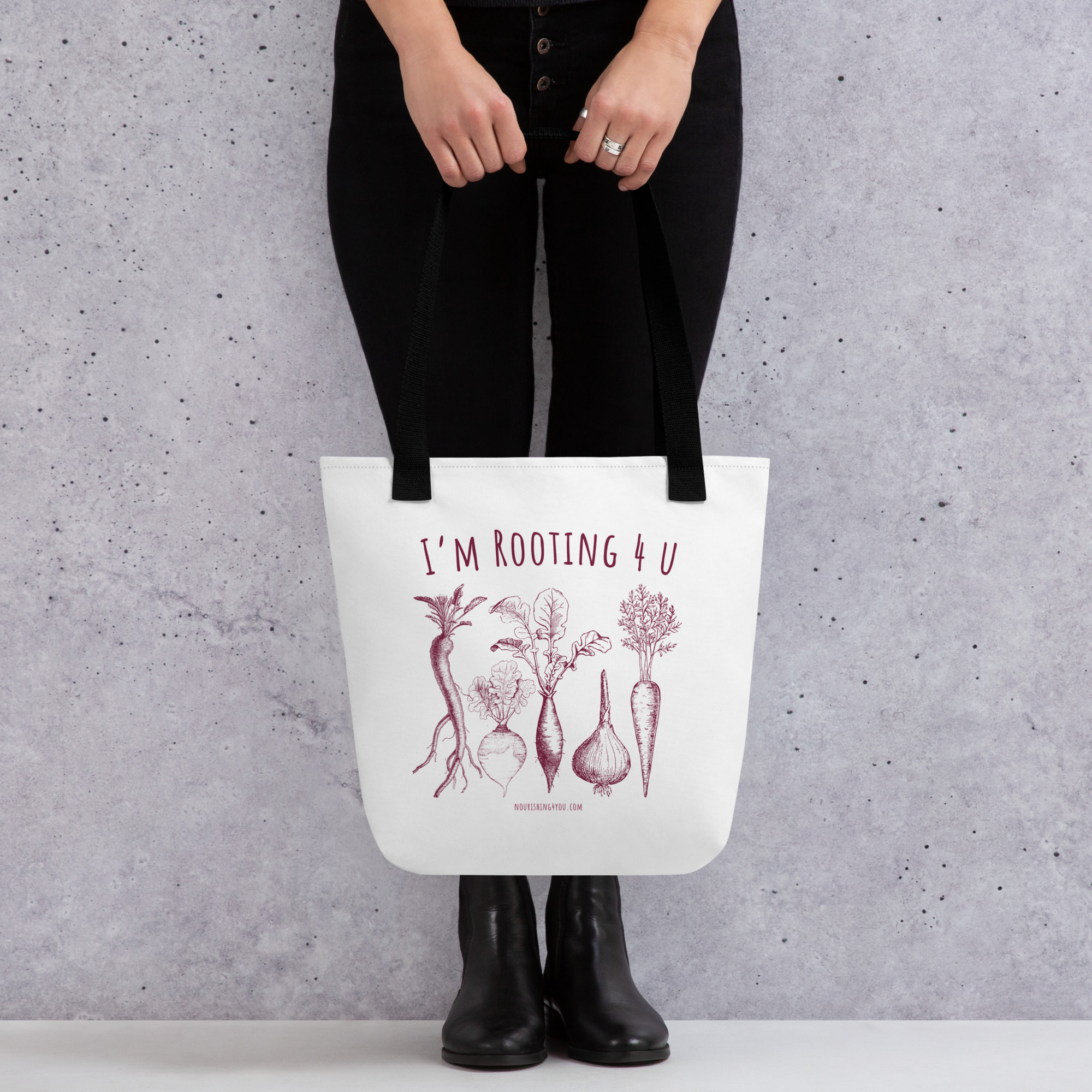 I'm Rooting 4 U tote bag, white canvas print, black handles, styled mockup