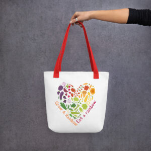 Grow a Rainbow, Eat a Rainbow tote bag, white canvas print, red handles, lifestyle mockup