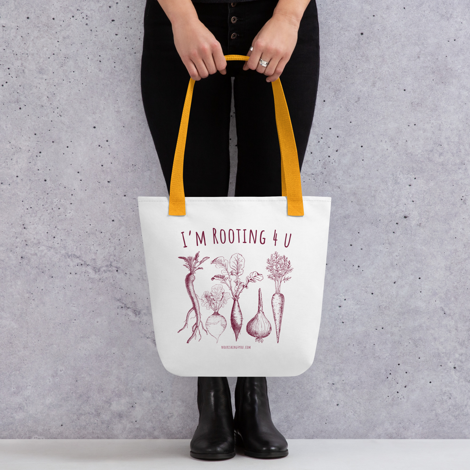 I'm Rooting 4 U tote bag, white canvas print, yellow handles, lifestyle mockup