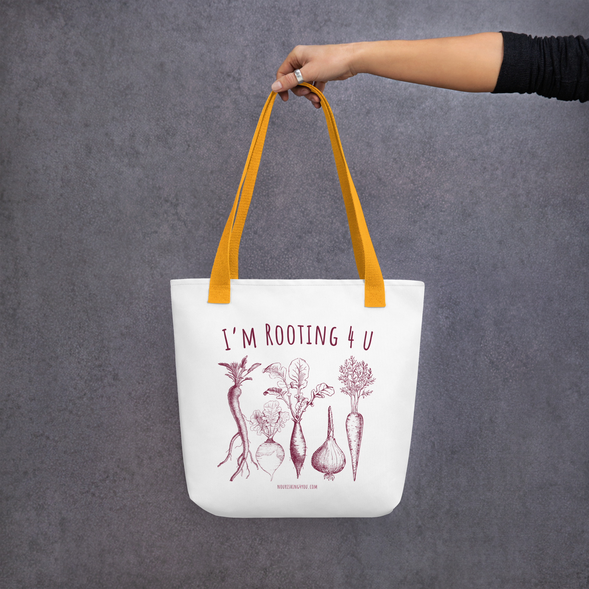 I'm Rooting 4 U tote bag, white canvas print, yellow handles, styled mockup