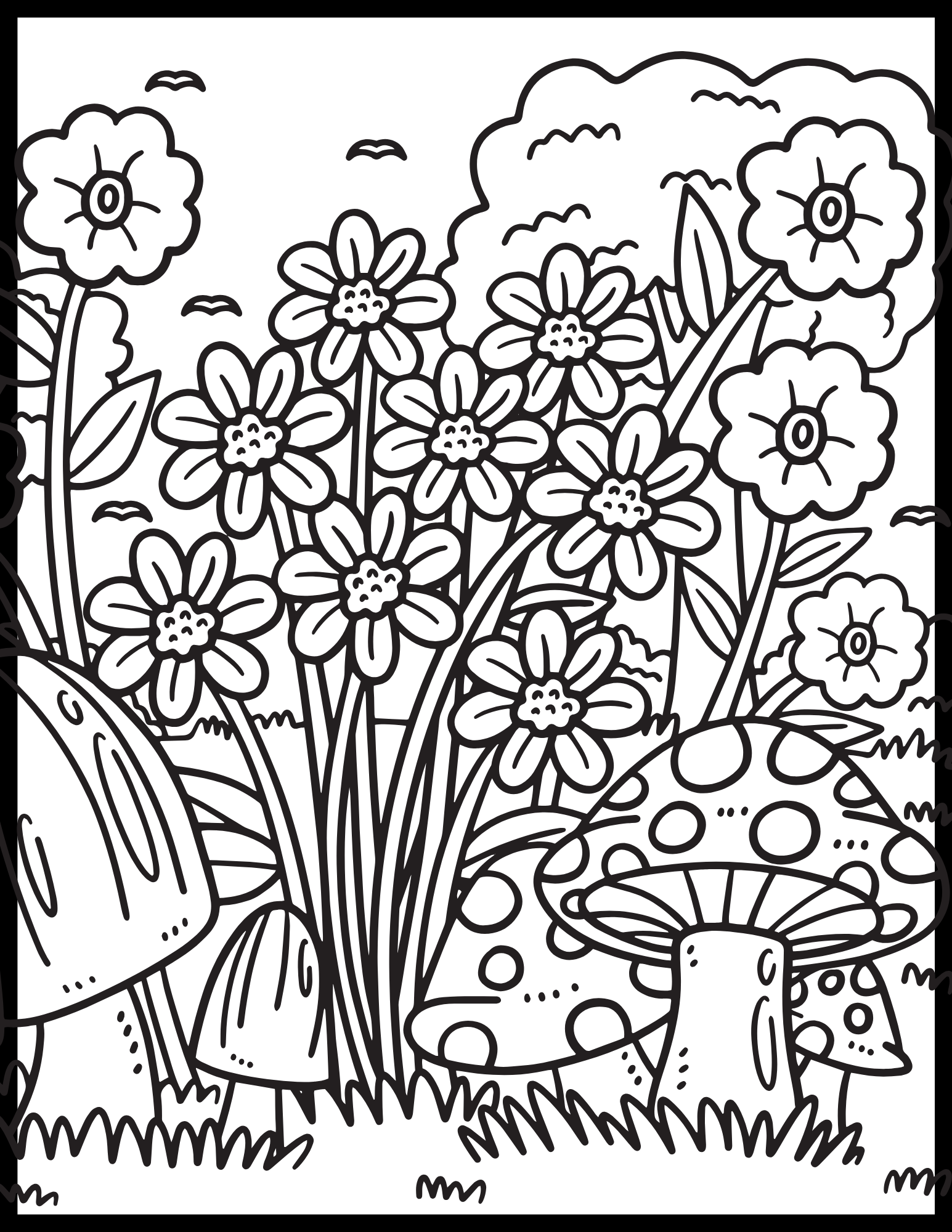 Flower & Mushroom Garden printable coloring page